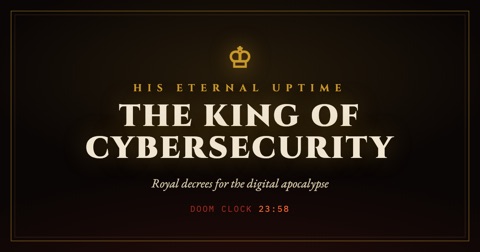 The King of Cybersecurity: royal arms with a crown of servers above a keyhole shield