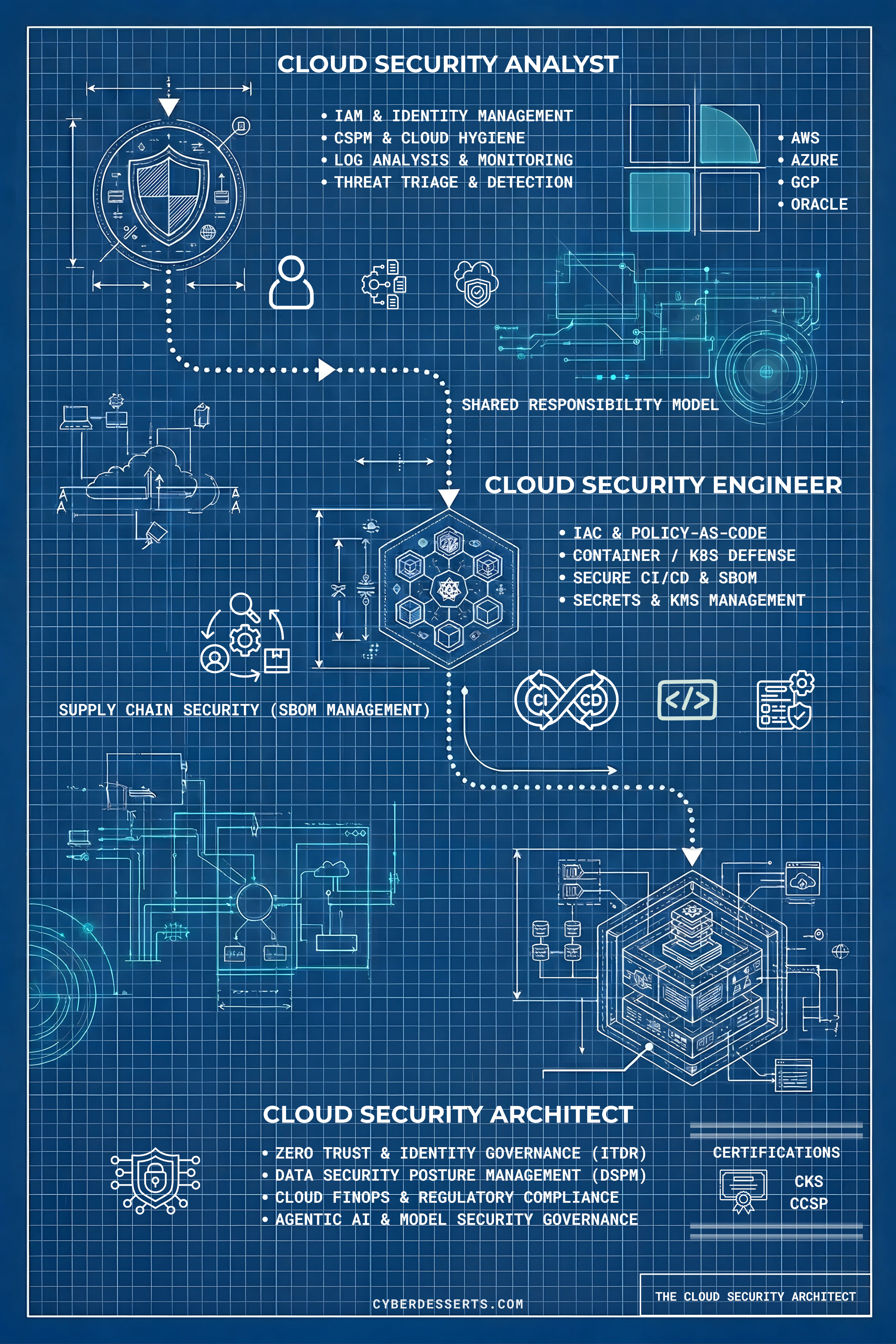 Cloud security career roadmap for 2026 showing the skills, roles, and certifications needed to progress from security analyst through cloud engineer to cloud security architect
